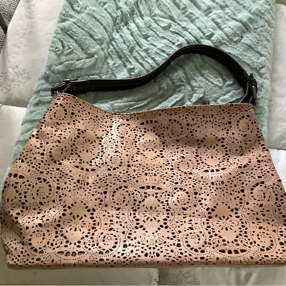 Sundance Laser-Cut Pink Shoulder Bag with Black Strap